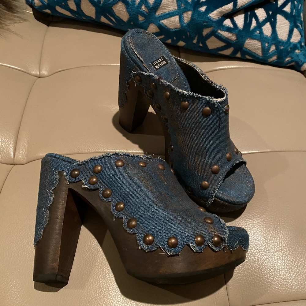 Stuart Weitzman distressed denim platforms.